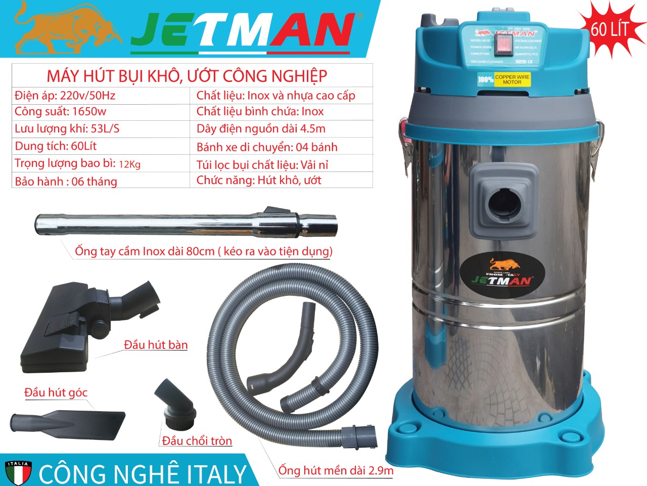 Máy Hút Bụi Jetman inox 60l HB60